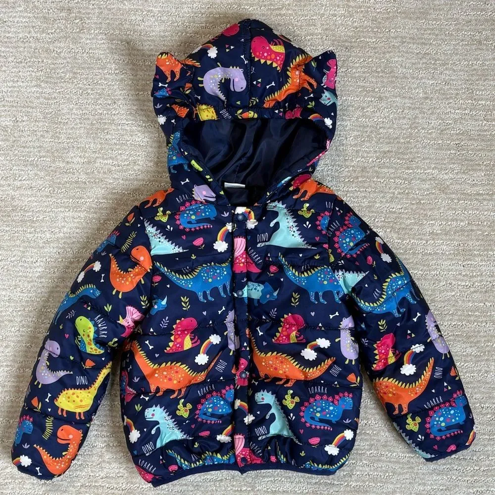Patpat Dinosaur Rainbow Print Puffer Jacket Kids Size 3 Years Hooded Ears Unisex
